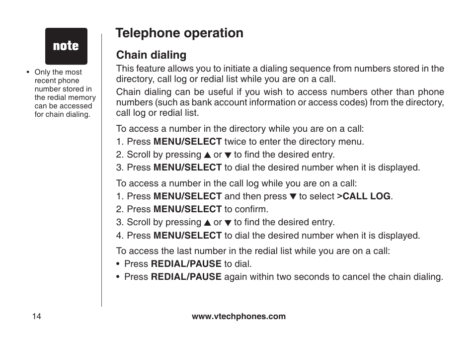 Chan dalng, Telephone operation, Chain dialing | VTech LS6126-3 User Manual | Page 17 / 77