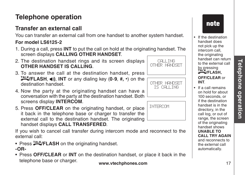 Transfer an external call, Telephone operation, Te le ph on e o pe ra tio n | VTech LS6126-3 User Manual | Page 20 / 77