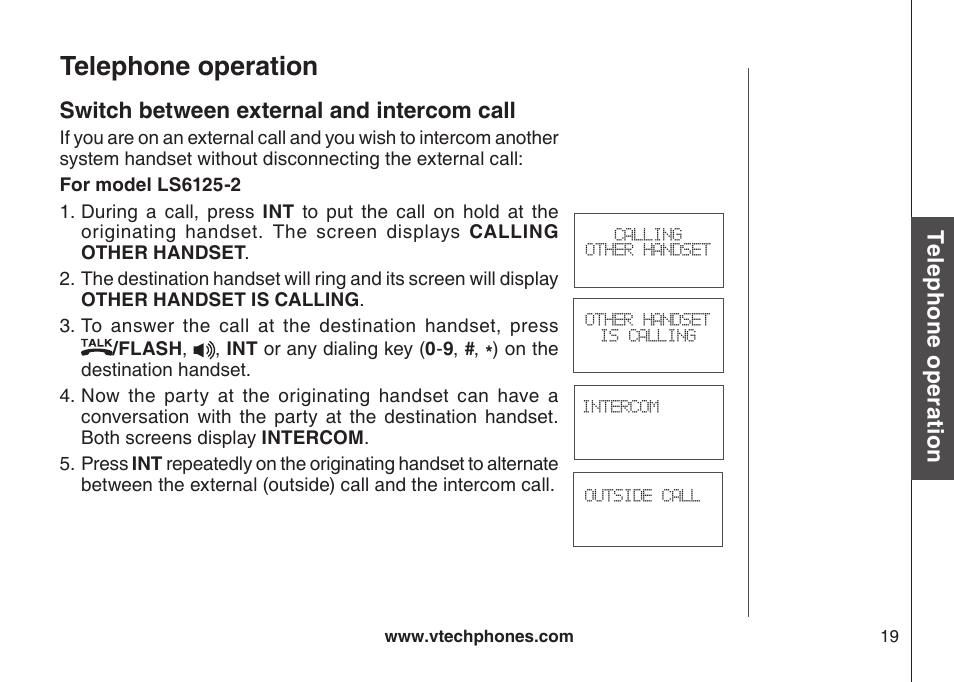 Swtch between external and ntercom call, Telephone operation | VTech LS6126-3 User Manual | Page 22 / 77