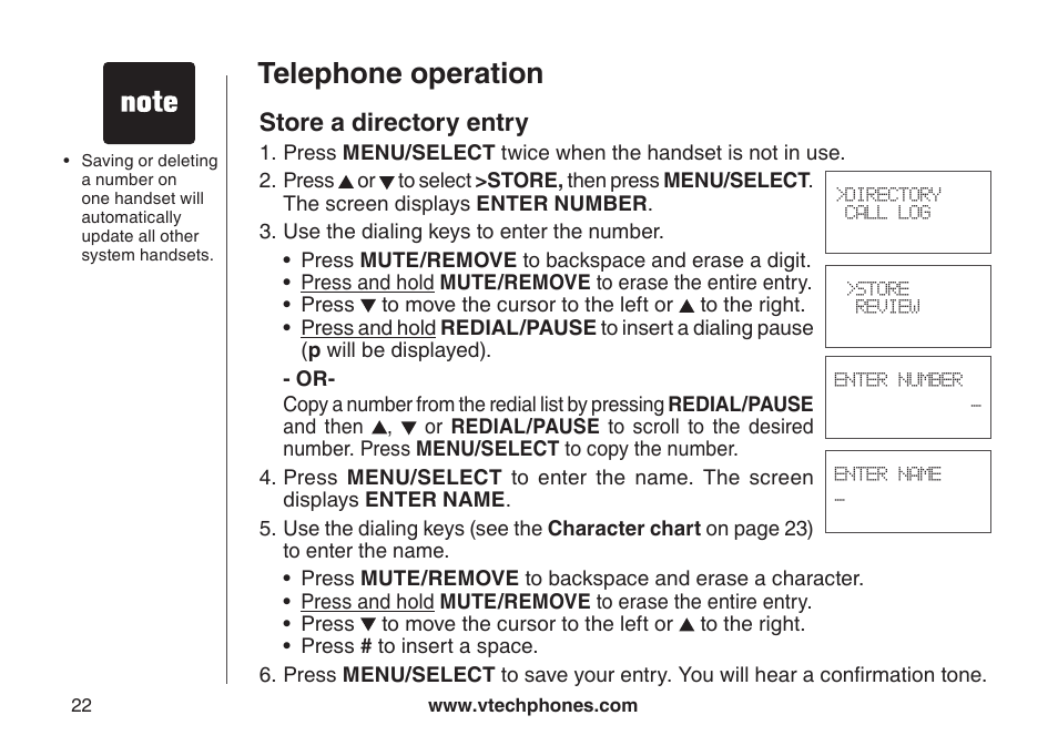 Store a drectory entry, Telephone operation, Store a directory entry | VTech LS6126-3 User Manual | Page 25 / 77