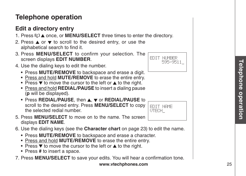 Edt a drectory entry, Telephone operation, Te le ph on e o pe ra tio n | Edit a directory entry | VTech LS6126-3 User Manual | Page 28 / 77