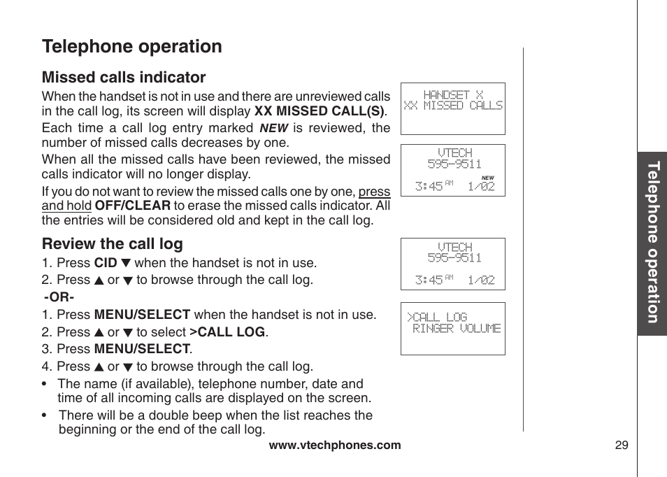 Mssed calls ndcator revew the call log, Telephone operation, Te le ph on e o pe ra tio n | Missed calls indicator, Review the call log | VTech LS6126-3 User Manual | Page 32 / 77