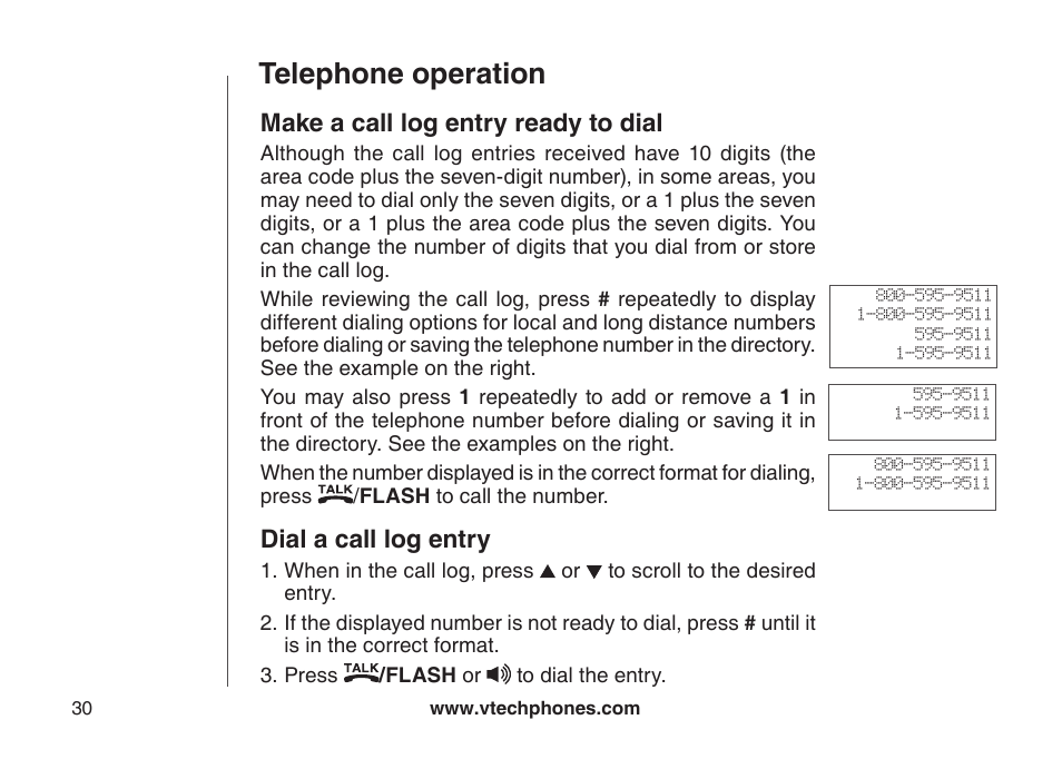 Telephone operation, Make a call log entry ready to dial, Dial a call log entry | VTech LS6126-3 User Manual | Page 33 / 77