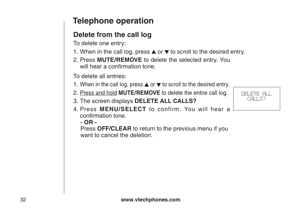 Delete from the call log, Telephone operation | VTech LS6126-3 User Manual | Page 35 / 77