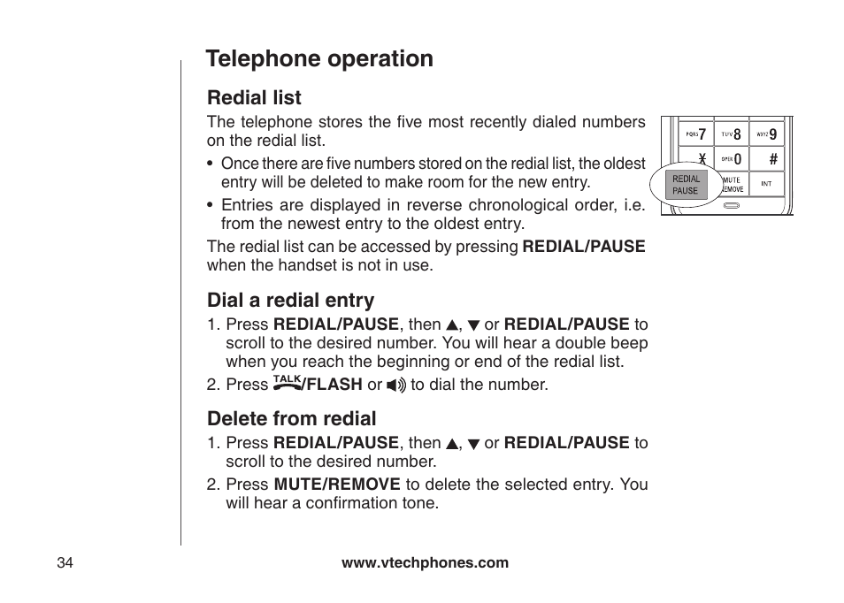 Redal lst dal a redal entry delete from redal, Telephone operation | VTech LS6126-3 User Manual | Page 37 / 77