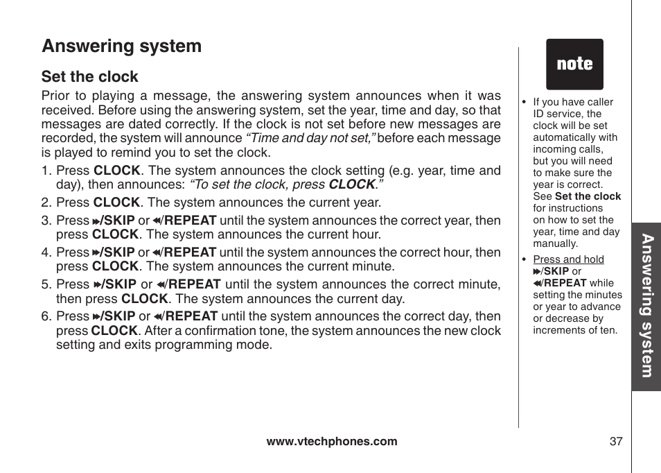 Set the clock, Answering system, Ans w er in g s ys te m | VTech LS6126-3 User Manual | Page 40 / 77