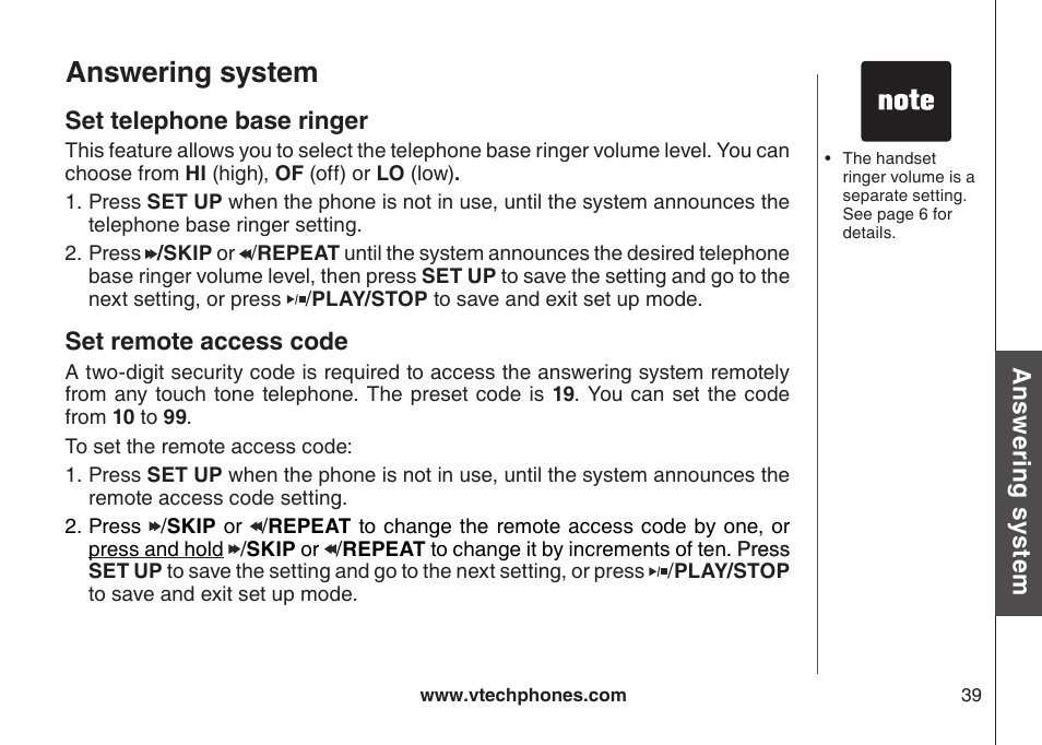 Set telephone base rnger set remote access code, Answering system | VTech LS6126-3 User Manual | Page 42 / 77