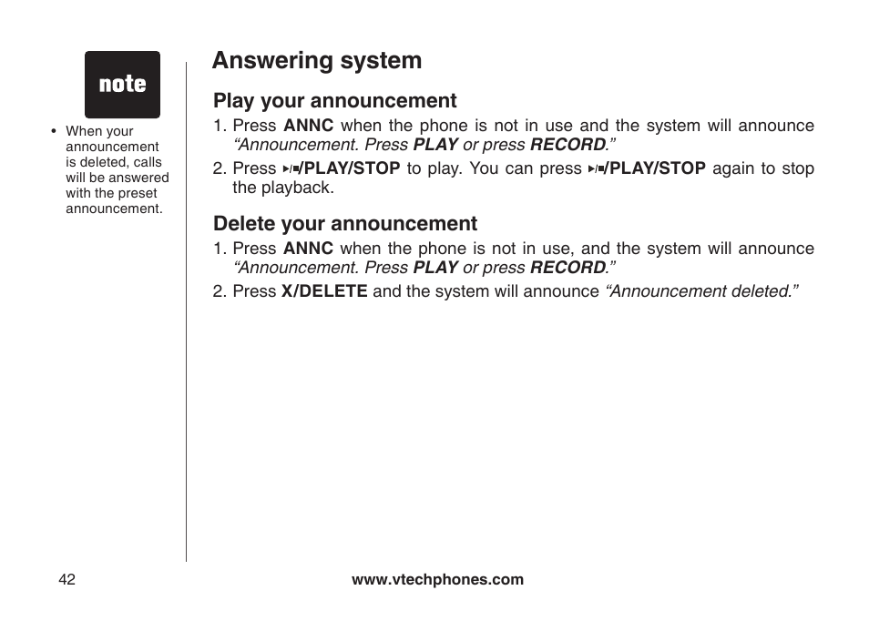 Play your announcement delete your announcement, Answering system, Play your announcement | Delete your announcement | VTech LS6126-3 User Manual | Page 45 / 77