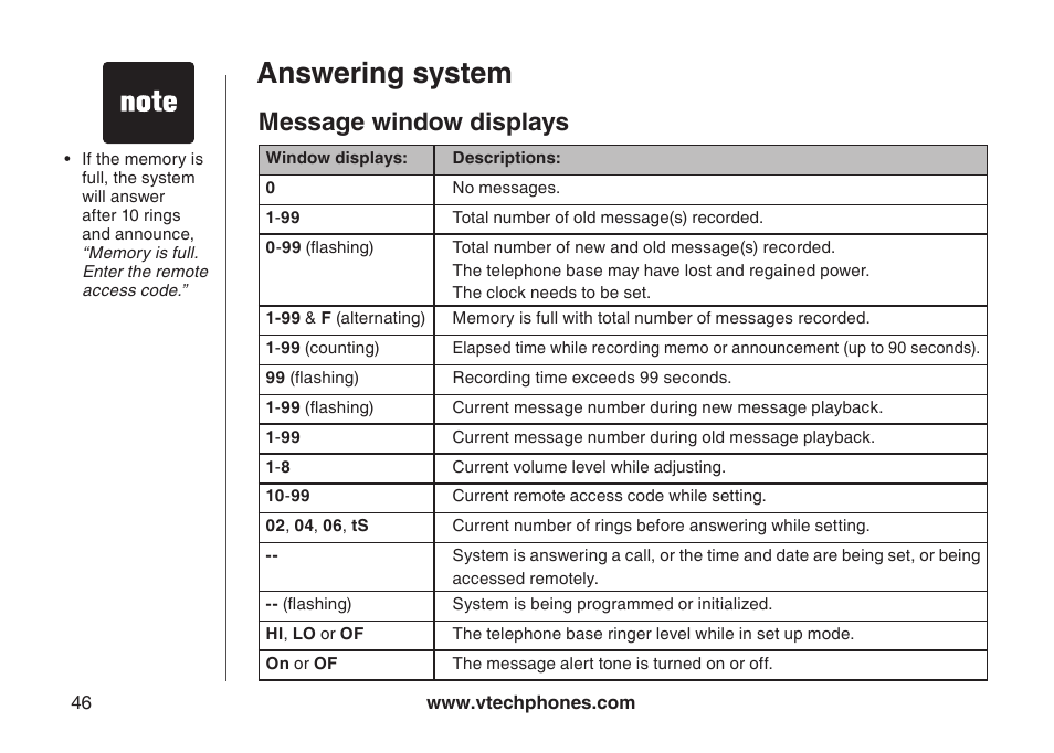 Message wndow dsplays, Answering system, Message window displays | VTech LS6126-3 User Manual | Page 49 / 77