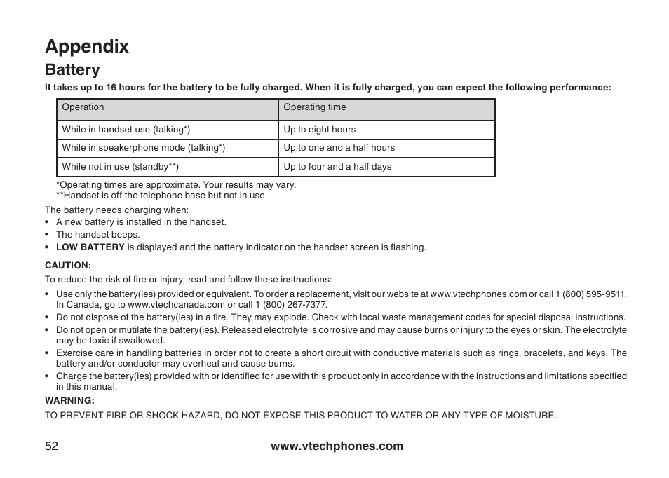 Battery, Appendix | VTech LS6126-3 User Manual | Page 55 / 77