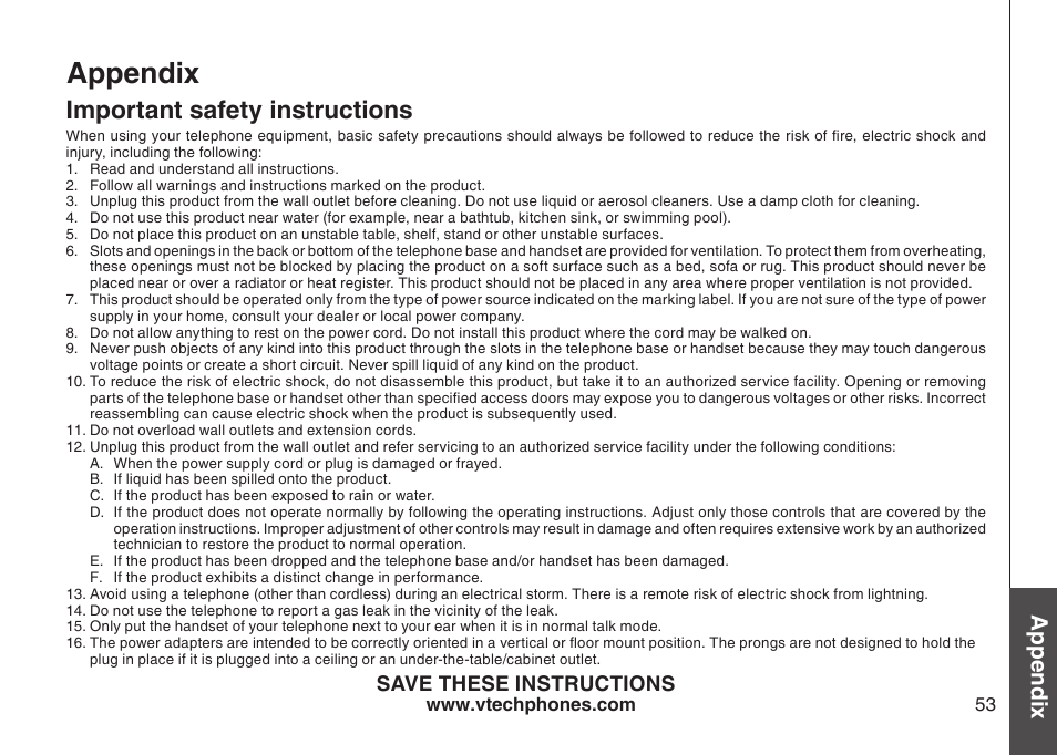 Important safety nstructons, Appendix, Important safety instructions | Bas ic o pe ra tio n appendix, Save these instructions | VTech LS6126-3 User Manual | Page 56 / 77