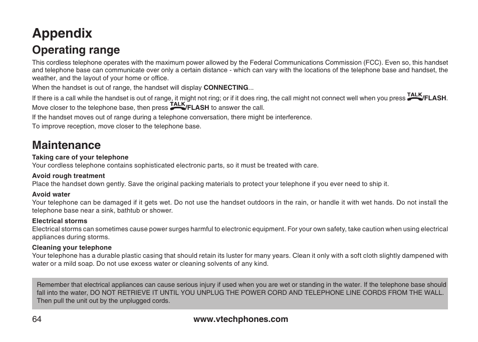 Operatng range mantenance, Appendix, Operating range | Maintenance | VTech LS6126-3 User Manual | Page 67 / 77