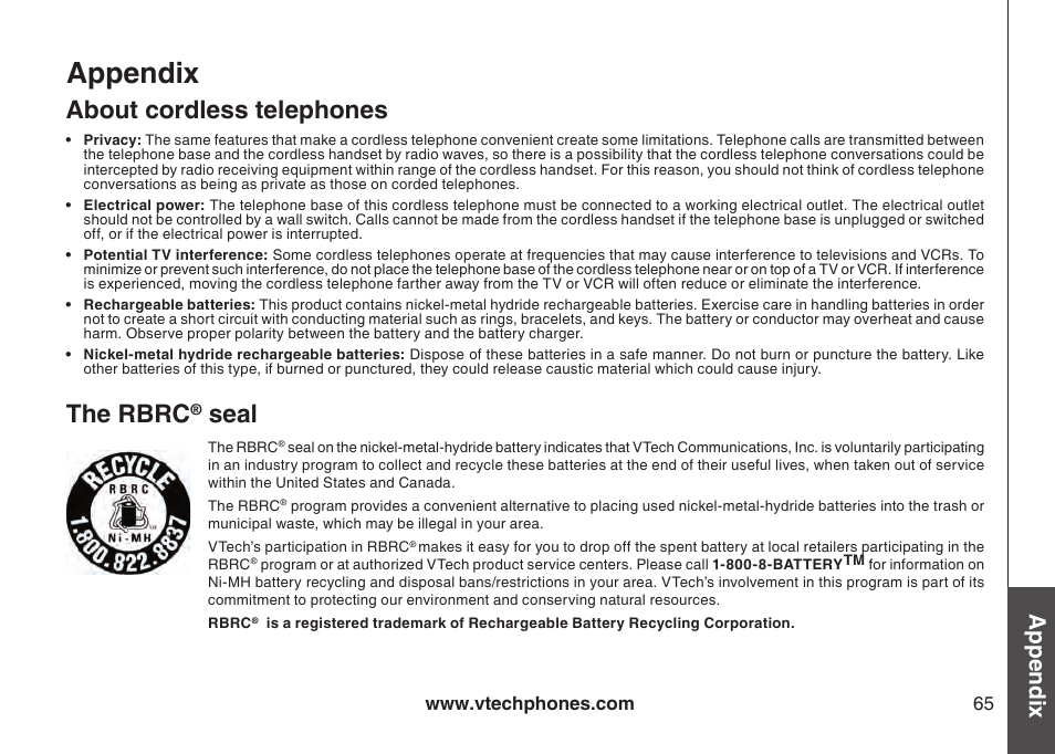 About cordless telephones the rbrc, Seal, Appendix | About cordless telephones, The rbrc, Bas ic o pe ra tio n appendix | VTech LS6126-3 User Manual | Page 68 / 77