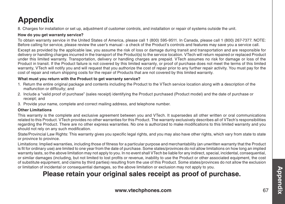 Appendix, Bas ic o pe ra tio n appendix | VTech LS6126-3 User Manual | Page 70 / 77