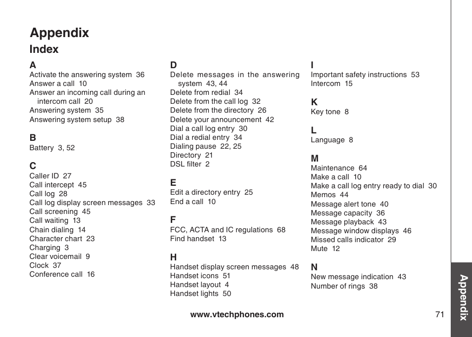 Index, Appendix, Bas ic o pe ra tio n appendix | VTech LS6126-3 User Manual | Page 74 / 77