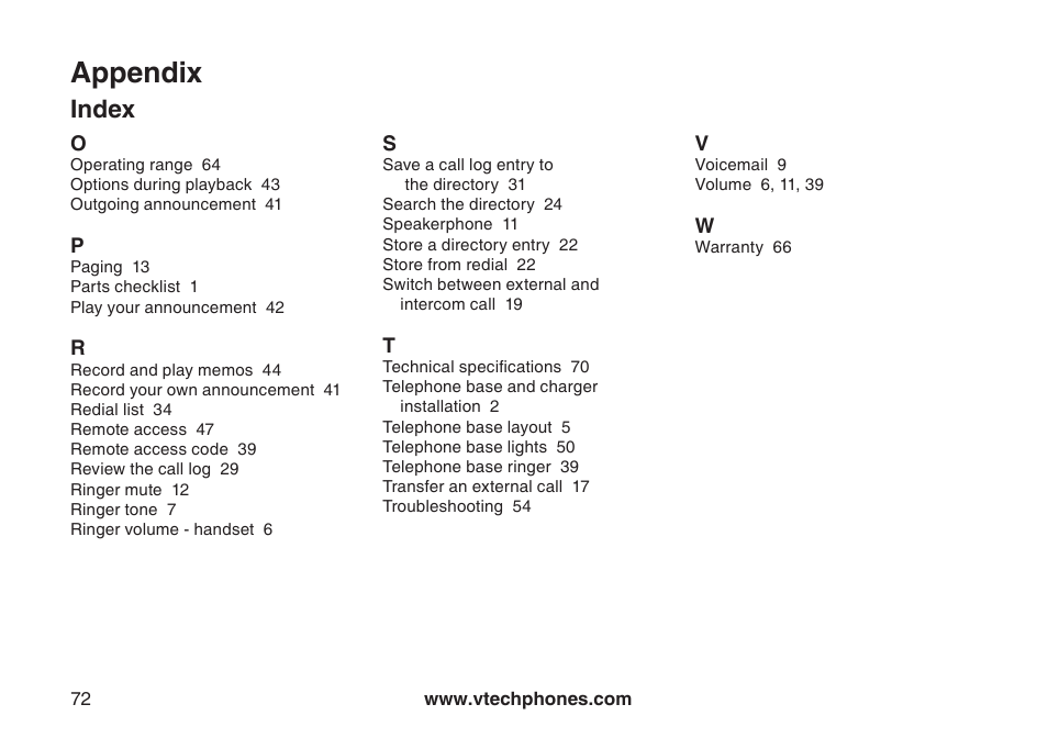 Appendix, Index | VTech LS6126-3 User Manual | Page 75 / 77