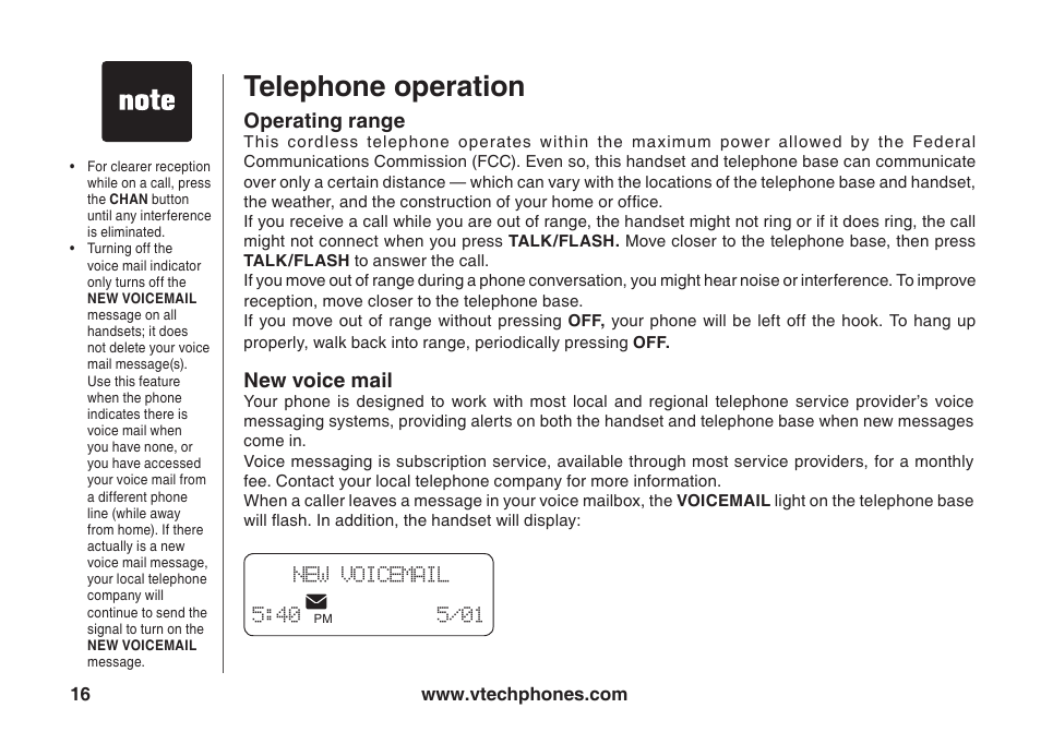 Telephone operaton, Operatng range, New voce mal | VTech ia5847 User Manual | Page 19 / 52