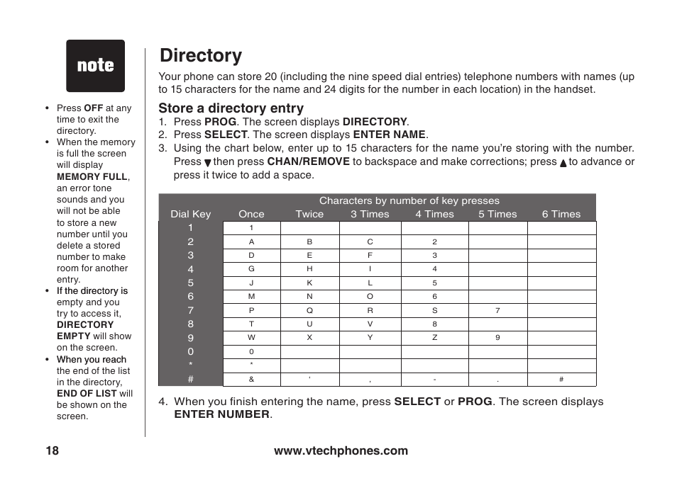 Drectory, Store a drectory entry | VTech ia5847 User Manual | Page 21 / 52