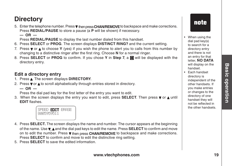 Drectory, Bas c o pe ra to n | VTech ia5847 User Manual | Page 22 / 52
