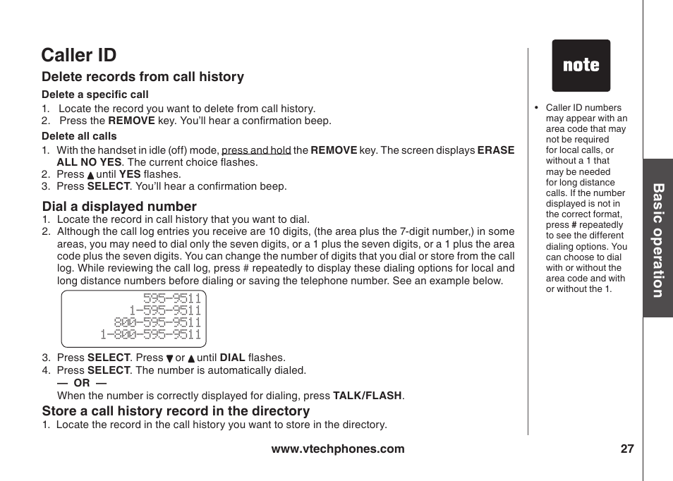 Caller id, Bas c o pe ra to n | VTech ia5847 User Manual | Page 30 / 52