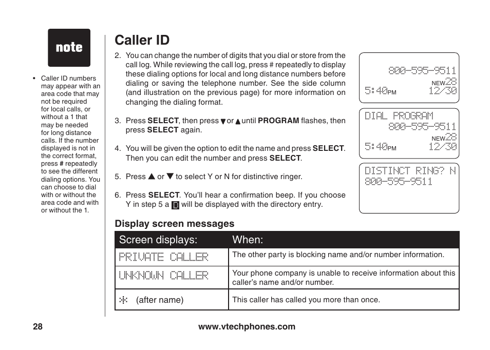 Caller id, Screen displays: when | VTech ia5847 User Manual | Page 31 / 52