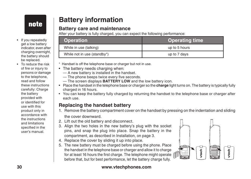 Battery nformaton, Battery care and mantenance, Operaton operatng tme | Replacng the handset battery | VTech ia5847 User Manual | Page 33 / 52