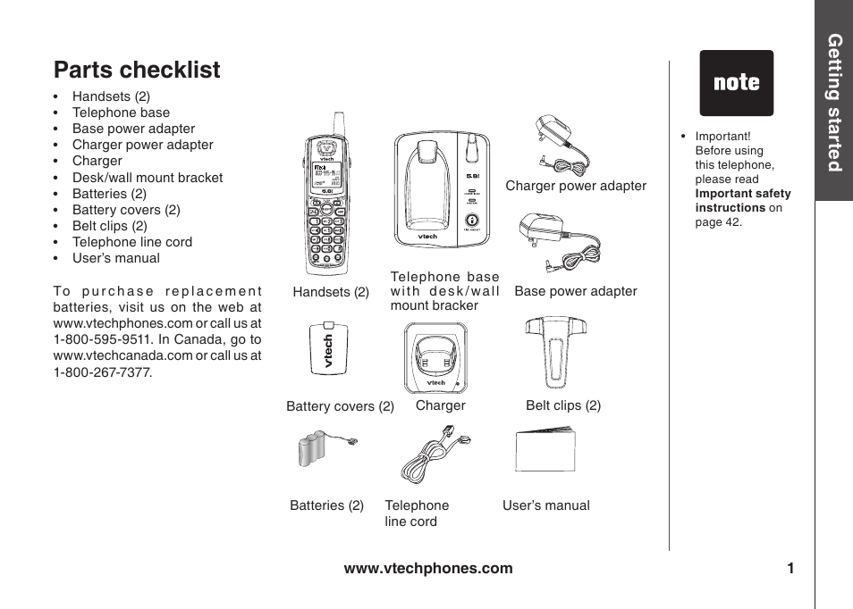 Parts checklst, Gett n g s ta rte d | VTech ia5847 User Manual | Page 4 / 52