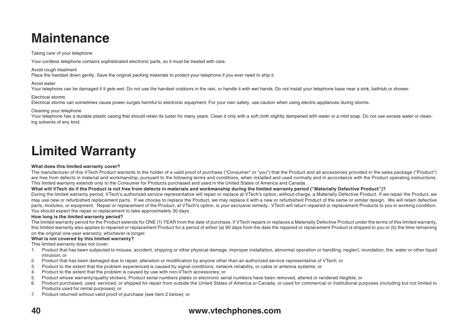 Mantenance, Lmted warranty | VTech ia5847 User Manual | Page 43 / 52