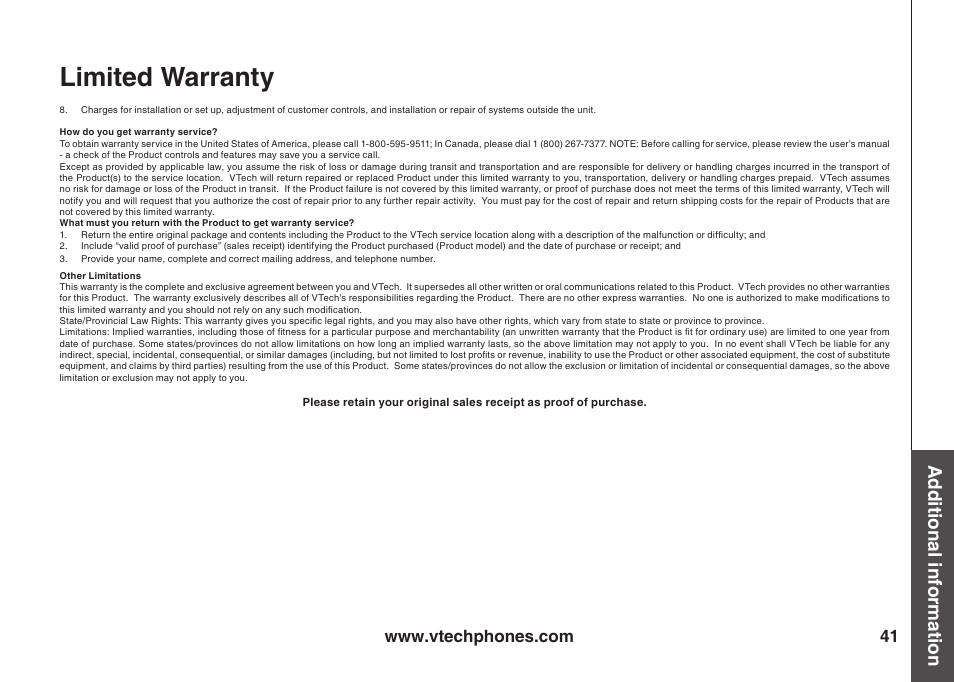 Lmted warranty, Add tonal nformat on | VTech ia5847 User Manual | Page 44 / 52