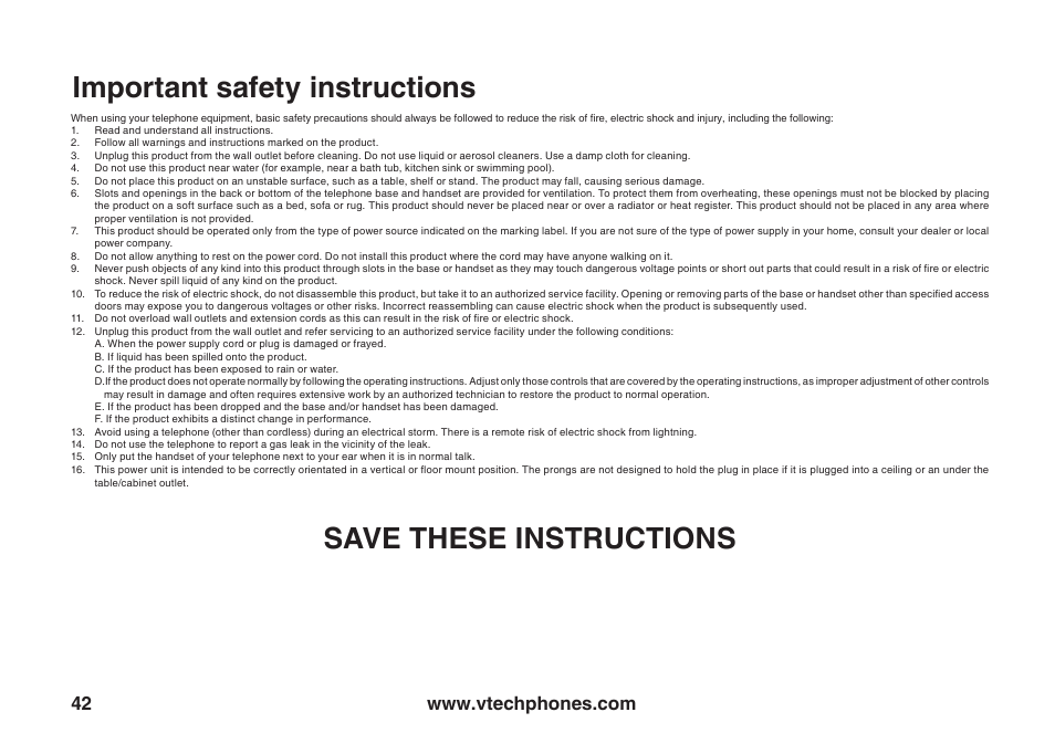 Important safety nstructons, Save these instructions | VTech ia5847 User Manual | Page 45 / 52