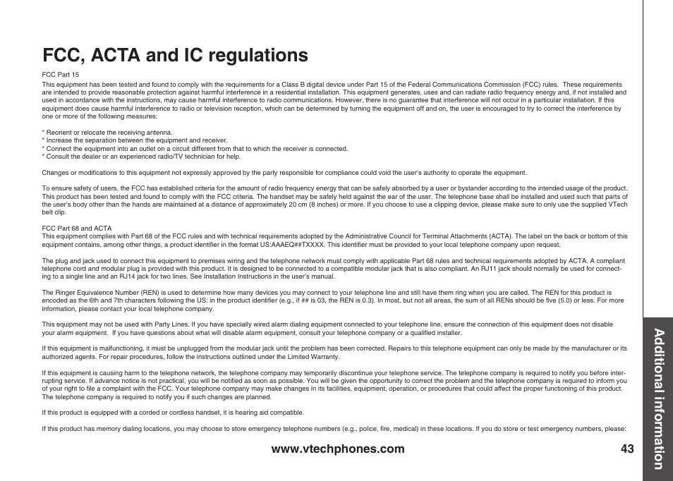 Fcc, acta and ic regulatons, Add tonal nformat on | VTech ia5847 User Manual | Page 46 / 52