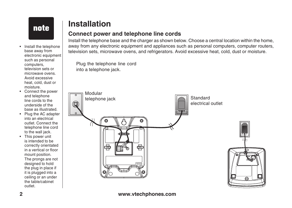 Installaton, Connect power and telephone lne cords | VTech ia5847 User Manual | Page 5 / 52