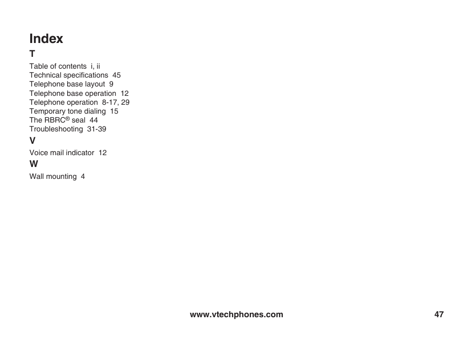 Index | VTech ia5847 User Manual | Page 50 / 52