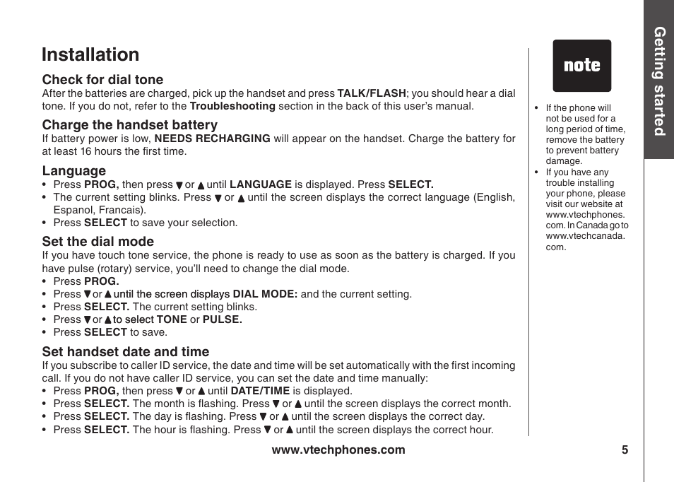 Installaton, Gett n g s ta rte d | VTech ia5847 User Manual | Page 8 / 52