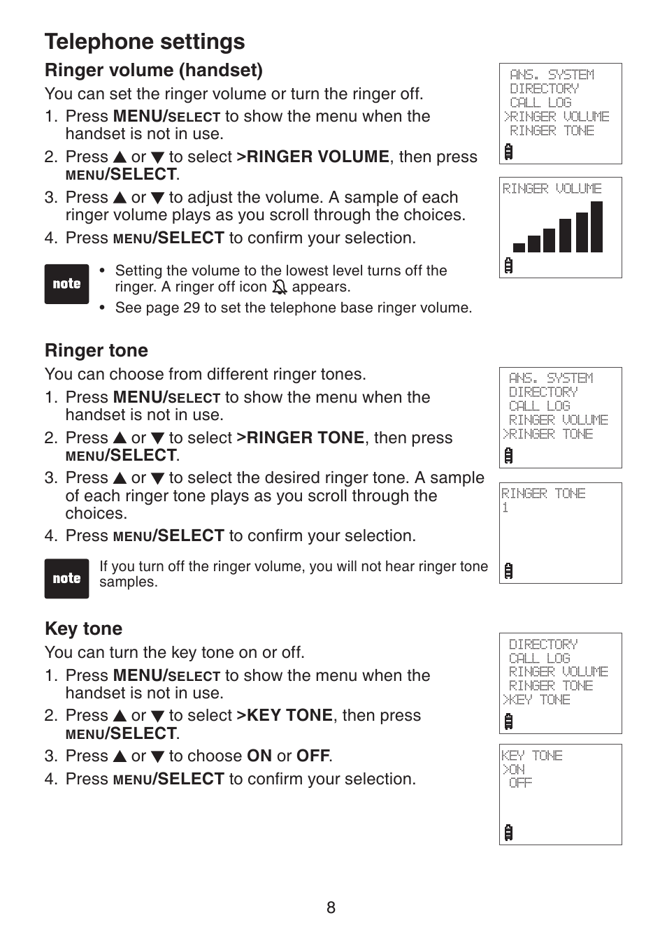Telephone settings ringer volume (handset), Ringer tone, Key tone | Telephone settings, Ringer volume (handset) | VTech DS221-2 User Manual | Page 12 / 60