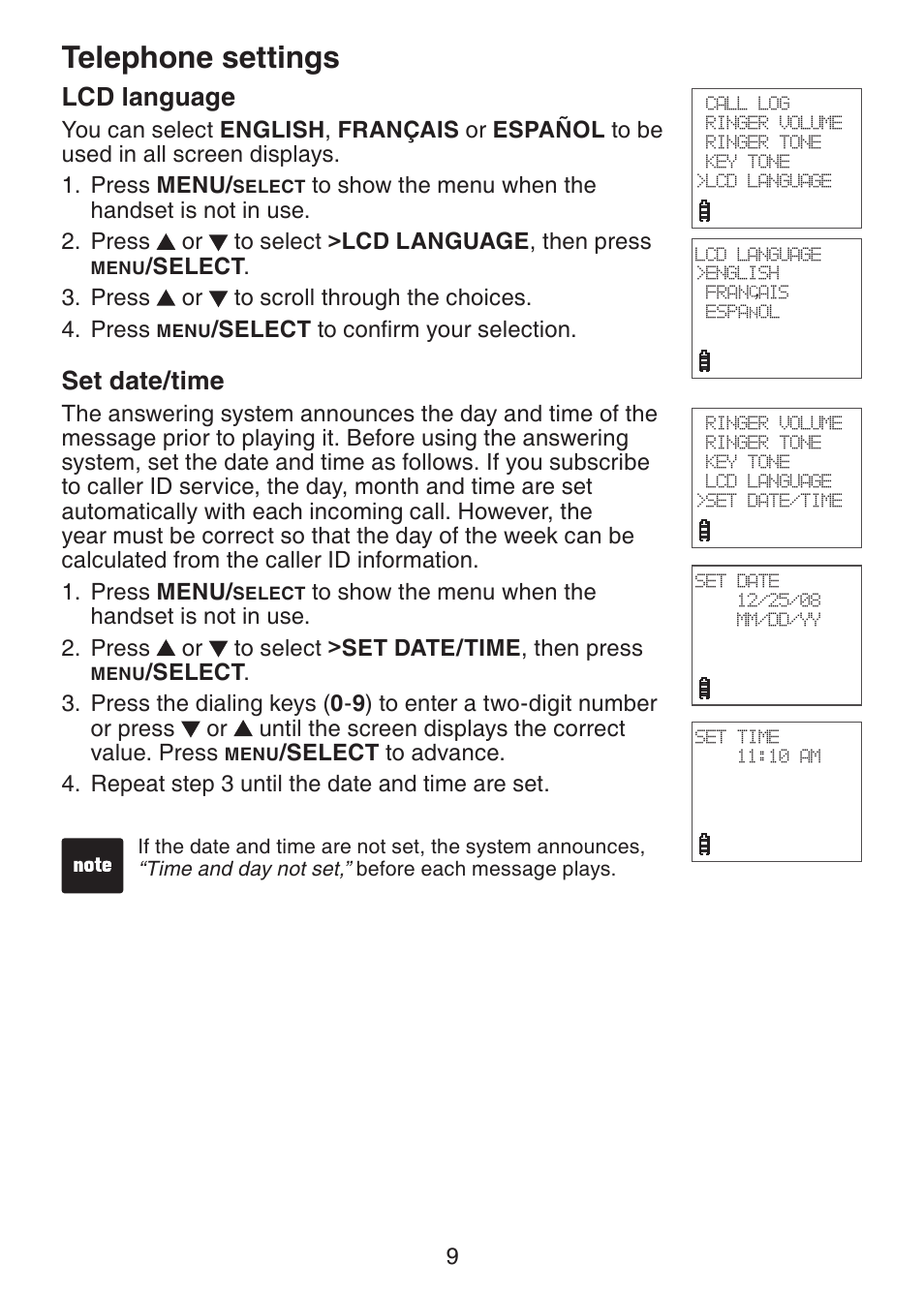 Lcd language, Set date/time, Telephone settings | VTech DS221-2 User Manual | Page 13 / 60