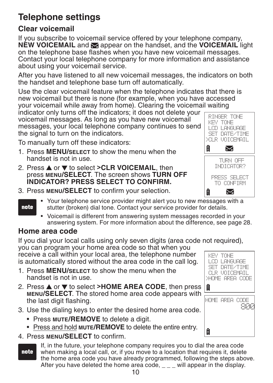 Clear voicemail, Home area code, Telephone settings | VTech DS221-2 User Manual | Page 14 / 60