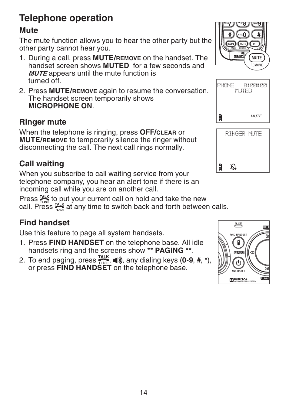 Mute, Ringer mute, Call waiting | Find handset, Telephone operation | VTech DS221-2 User Manual | Page 18 / 60