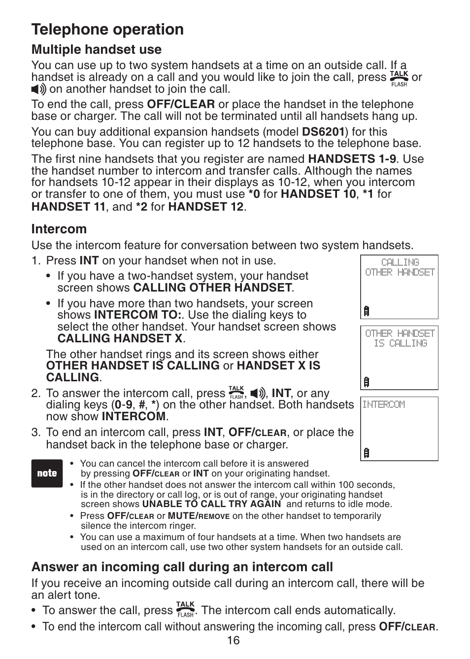Multiple handset use, Intercom, Answer an incoming call | During an intercom call, Telephone operation, Answer an incoming call during an intercom call | VTech DS221-2 User Manual | Page 20 / 60