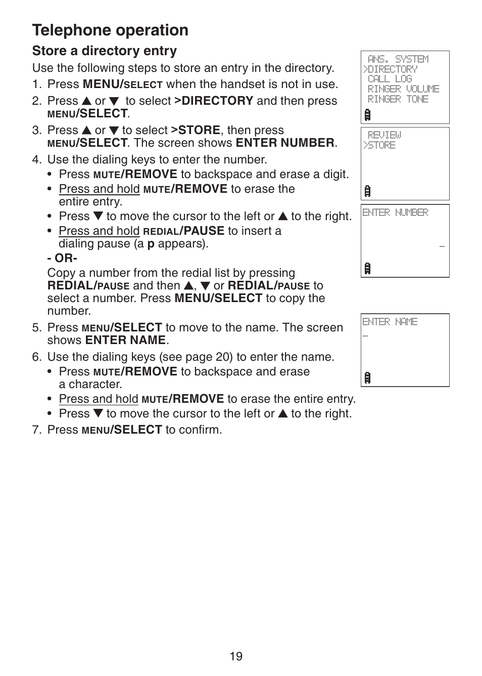 Store a directory entry, Telephone operation | VTech DS221-2 User Manual | Page 23 / 60