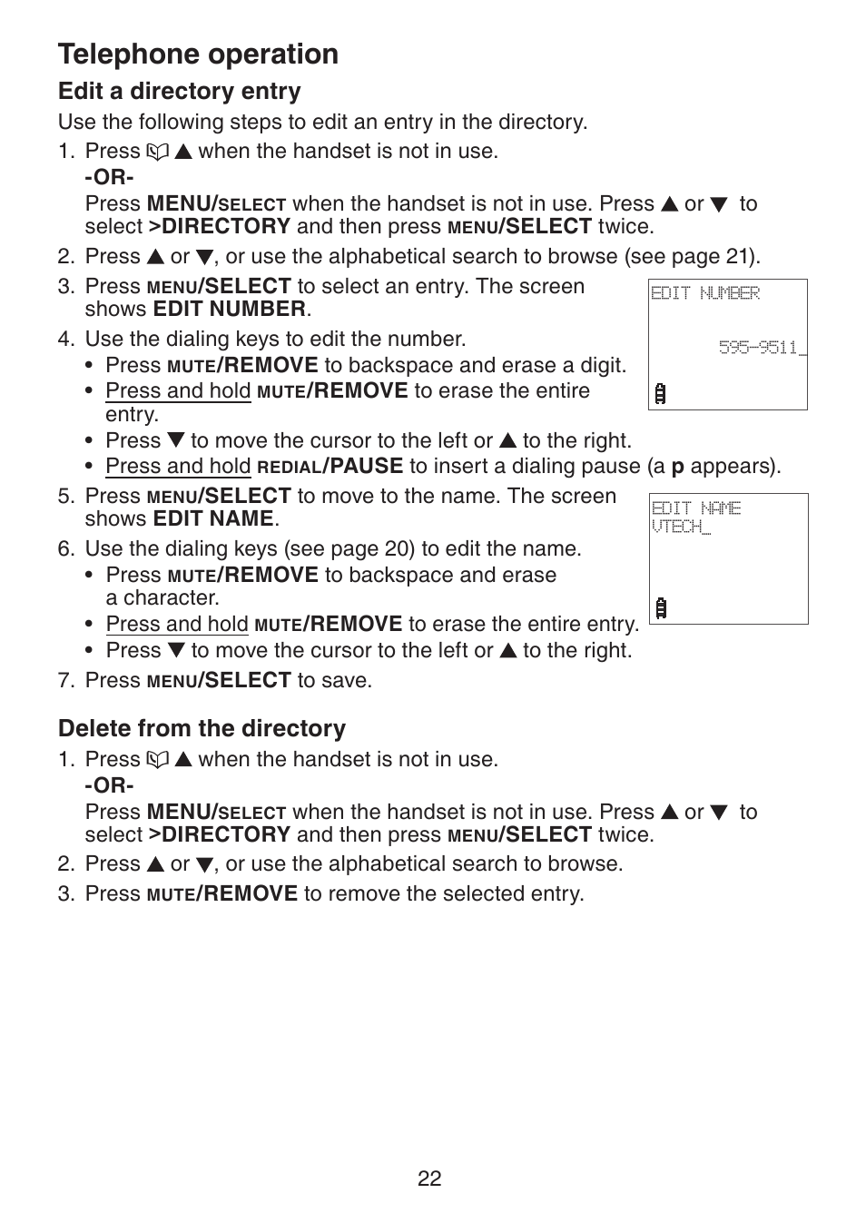 Edit a directory entry, Delete from the directory, Telephone operation | VTech DS221-2 User Manual | Page 26 / 60