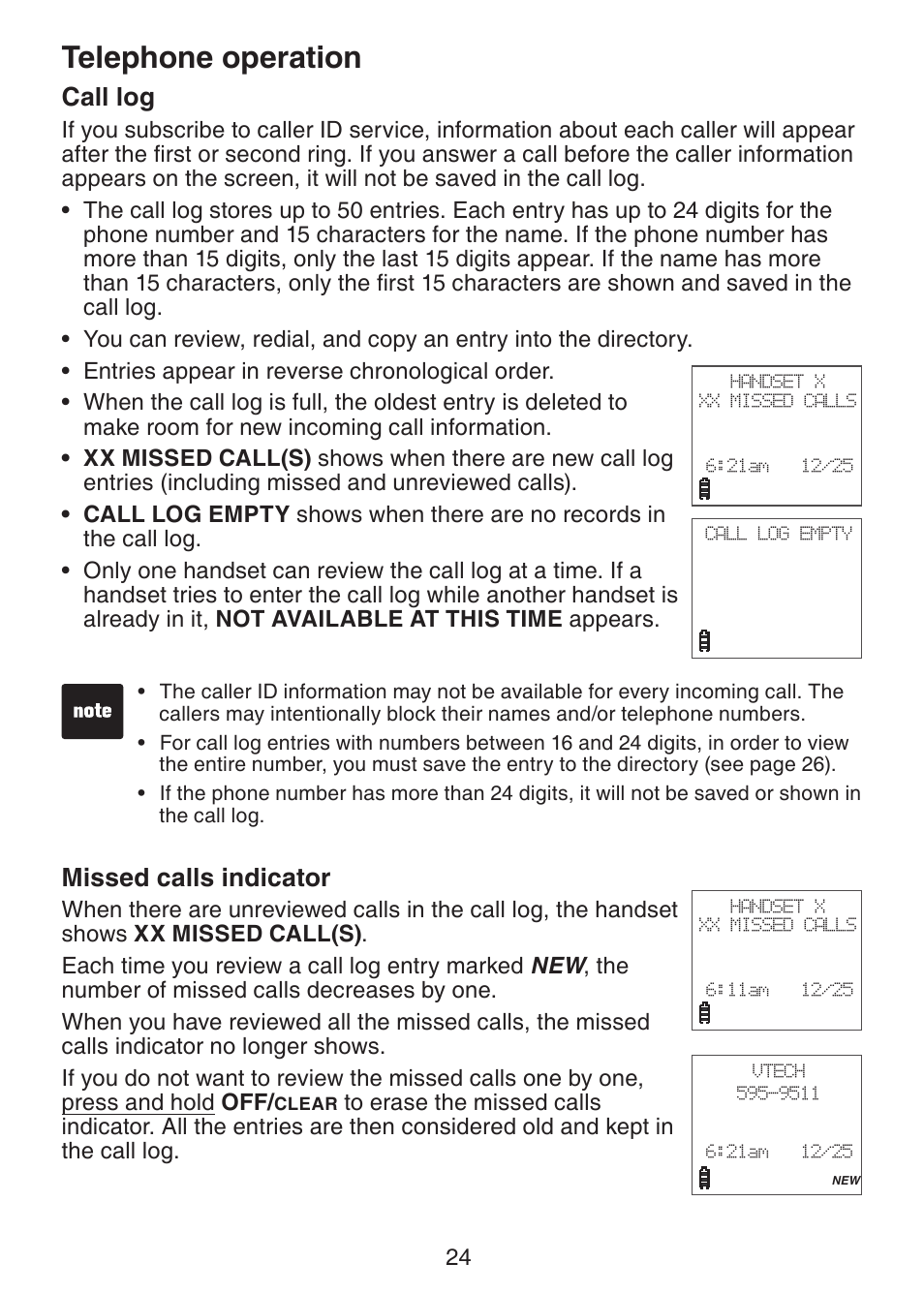 Call log, Missed calls indicator, Telephone operation | VTech DS221-2 User Manual | Page 28 / 60