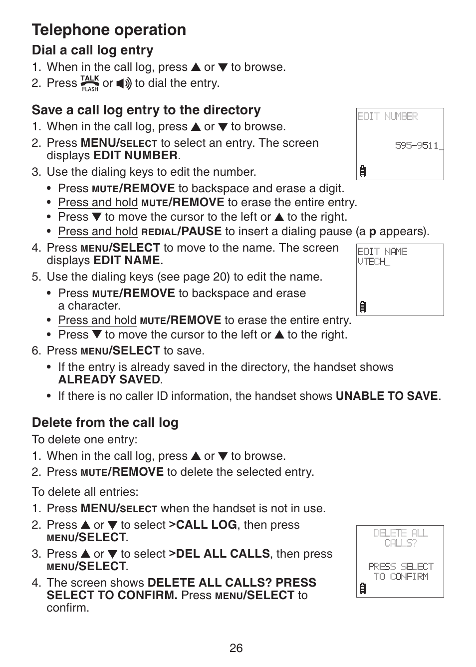 Dial a call log entry, Save a call log entry to the, Directory | Delete from the call log, Telephone operation, Save a call log entry to the directory | VTech DS221-2 User Manual | Page 30 / 60