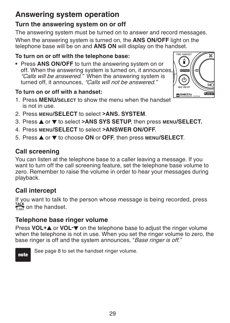 Turn the answering system, On or off, Call screening | Call intercept, Telephone base ringer volume, Answering system operation | VTech DS221-2 User Manual | Page 33 / 60