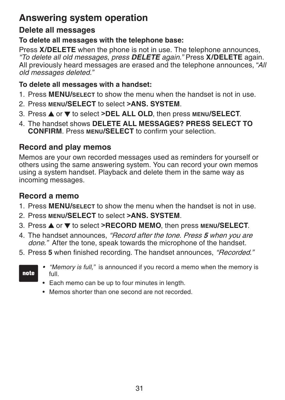 Delete all messages, Record and play memos, Record a memo | Answering system operation | VTech DS221-2 User Manual | Page 35 / 60
