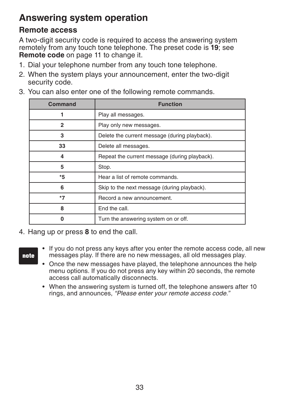 Remote access, Answering system operation | VTech DS221-2 User Manual | Page 37 / 60