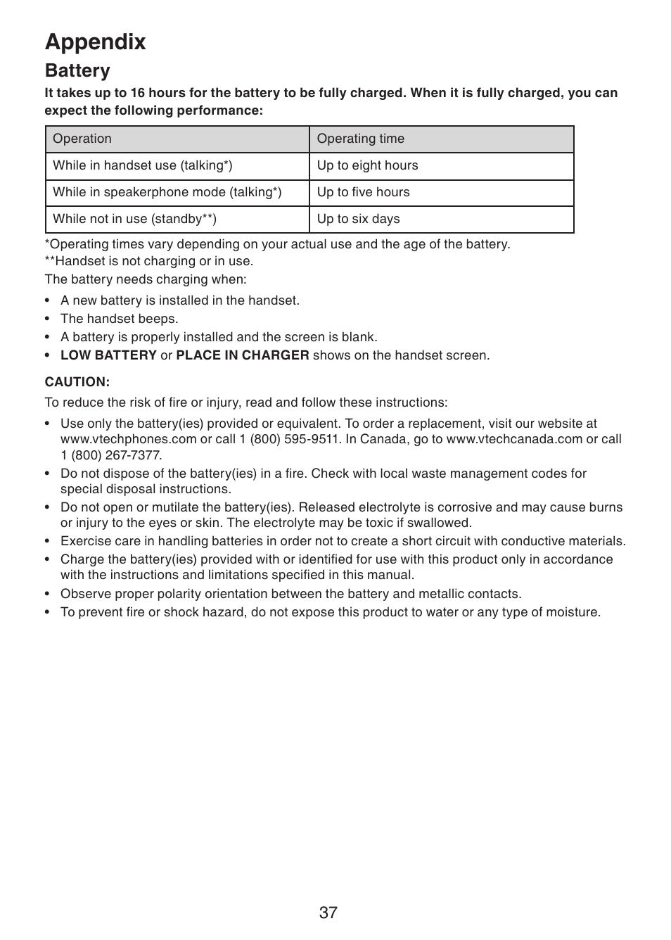 Battery, Appendix | VTech DS221-2 User Manual | Page 41 / 60