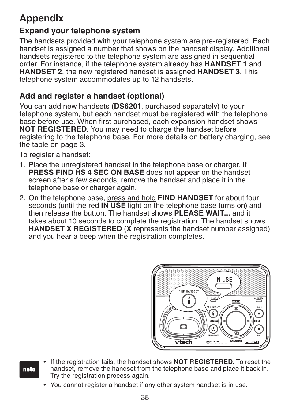 Expand your telephone system, Add and register a handset, Optional) | Appendix | VTech DS221-2 User Manual | Page 42 / 60