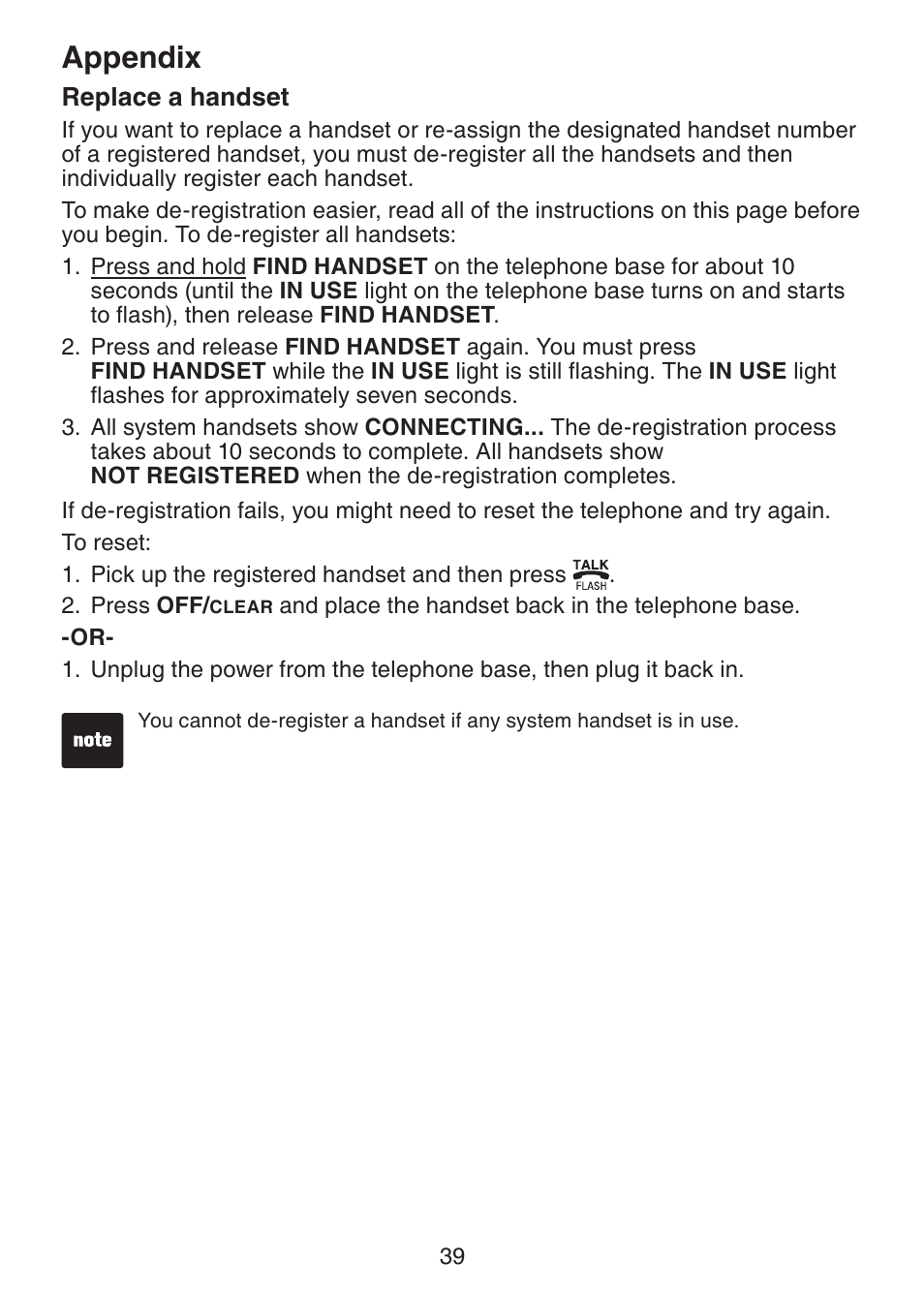 Replace a handset, Appendix | VTech DS221-2 User Manual | Page 43 / 60