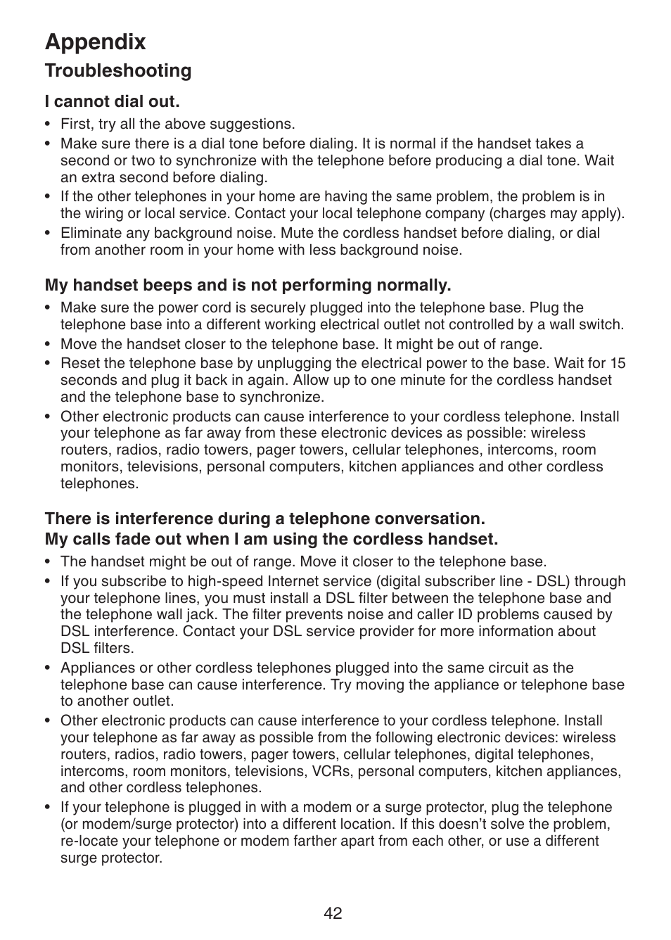 Appendix, Troubleshooting | VTech DS221-2 User Manual | Page 46 / 60